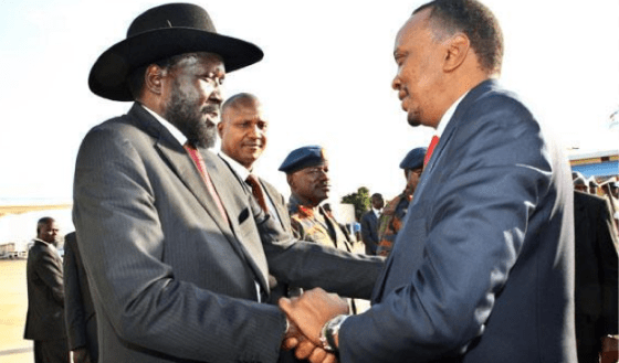 In this picture released by Kenya’s Presidential Strategic Communications Unit (PSCU) on Thursday shows South Sudanese President Salva Kiir (L) shaking hands with Kenyan President Uhuru Kenyatta (R) during a visit to Juba. (AFP)