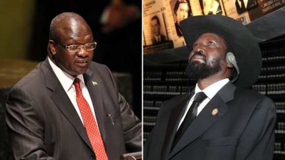 Former vice president and the current chairman of SPLM/A, wearing red tie and his former boss, president Salva Kiir Mayardit staring above(photo: past file)