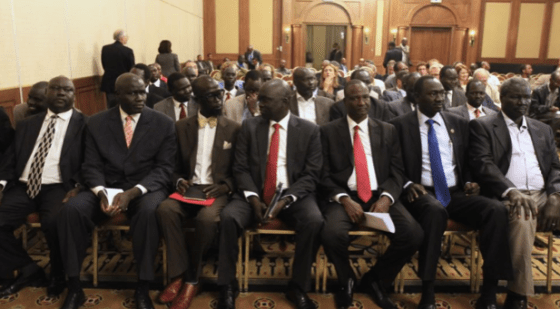 Members of South Sudan's rebel delegation are seen at the opening ceremony of peace talks in Ethiopia's capital Addis Ababa, Jan. 4, 2014.