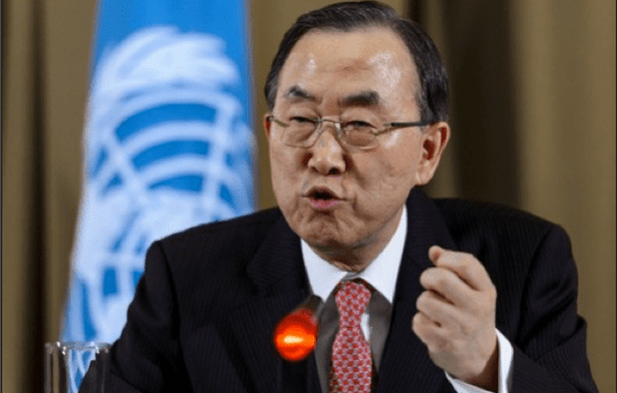UN Secretary General Ban Ki-moon gestures while speaking during a press conference after a session of the United Nations Human Rights Council on March 1, 2013 in Geneva. AFP PHOTO / FABRICE COFFRINI