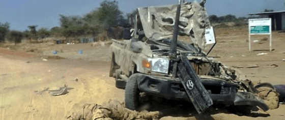 Government trucks destoyed at Jameza, on Bor-Juba road in January(Photo: file)
