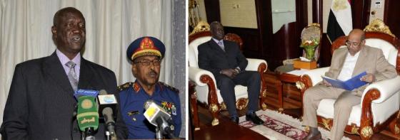 KHARTOUM (Xinhua) -- South Sudanese Defense Minister Kuol Manyang Juuk [left] attends a press conference with Sudan’s Defense Minister Abdelrahim Mohamed Hussein at the Presidential Palace in Khartoum. Sudanese President Omar al-Bashir [right] reads a letter delivered by South Sudan’s Defense Minister Kuol Manyang Juuk from South Sudan’s President Salva Kiir at the Presidential Palace in Khartoum, Sudan. XINHUA PHOTOS - MOHAMMED BABIKER