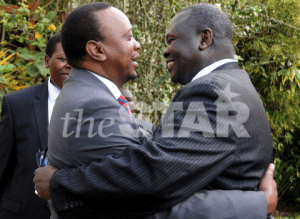 The then Deputy Prime Minister Uhuru Kenyatta meets the then South Sudanese Vice President Riek Machar in Nairobi in October 2012 (Photo: The Star)