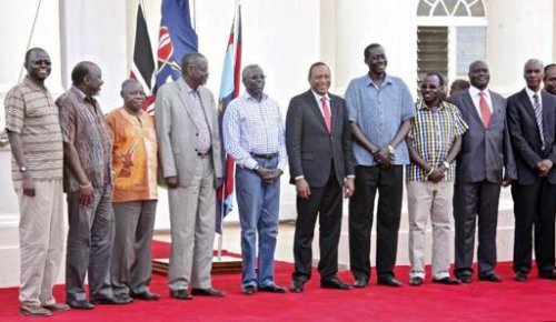 SPLM_Uhuru, the former political detainees, who were released into custody of the Kenyan president, Uhuru Kenyatta are holding onto another loose coalition that may never last. The detainees allied with Dr. Machar, which led to their arrest but afterwards claim to be "pure" to stand alone(Photo: AP/Kenyan presidency)