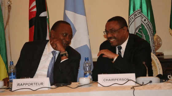 Ethiopian Prime Minister, Haile Mariam Deselign, and Kenyan President, Uhuru Kenyatta, smiling during the two days summit (Photo: Uhuru)