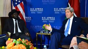 U.S. Secretary of State John Kerry meets with South Sudanese President Salva Kiir on the sidelines of the U.S.-Africa Business Forum in Washington, D.C., on August 5, 2014.
