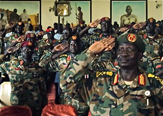 South Sudan army saluting while singing the national anthem (Photo: via Nile)
