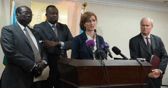 US Ambassador to the United Nations (UN) Security Council Samantha Power (2nd R) addresses the press, flanked by fellow members of the UN Security Council, after a meeting with South Sudan's president on August 12, 2014 in Juba. UN Security Council ambassadors met the leaders of South Sudan's warring sides on August 12 in a bid to end eight months of conflict (Photo credits: CHARLES LOMODONG/AFP/Getty Images)