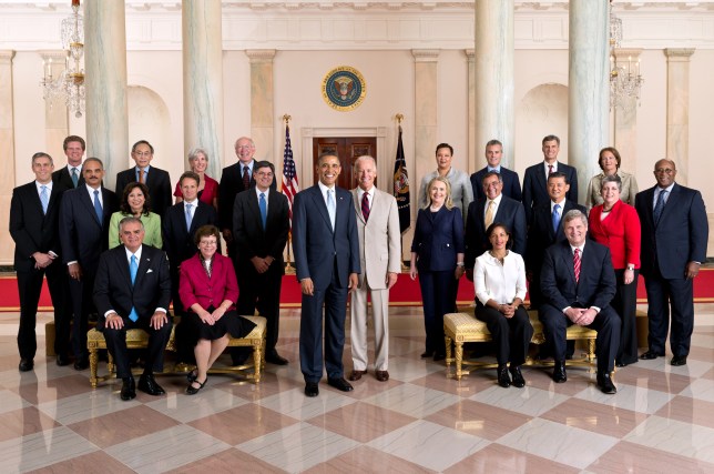 President Barack Obama and Vice President Joe Biden pose with the full Cabinet for an official group photo