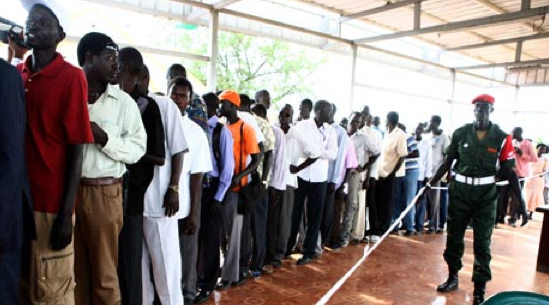 Voters queue in Juba to register for the long awaited South Sudan's independence referendum. (Photograph: Phillip Dhil/EPA)