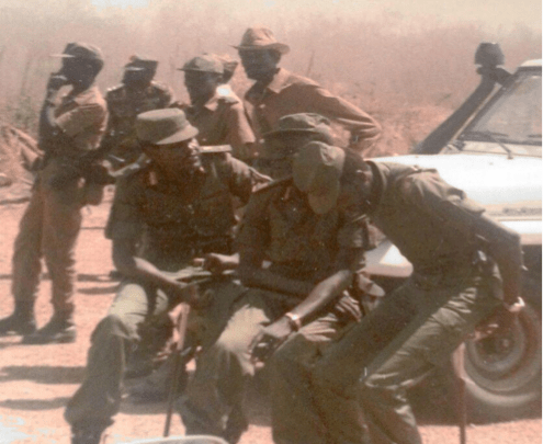 Cdr. Salva Kiir, Cdr. Arok Thon Arok, Middle, Cdr. Kerubino Kuanyin Bol, Lt. Col. Muor Muor beside Arok, Colonel, John Garang standing beside Muor Muor.(Photo: file)