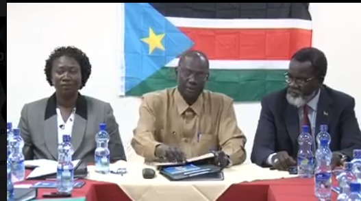 Michael Makuei Lueth(centre), the Acting Chief Negotiator for SPLM-Juba(Photo: Oyet Patric/Nyamilepedia)
