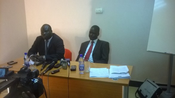 Comrade Oyet Nathaniel Chairperson for National Committee for Mobilization  on Left and Comrade David Tim, the Appointed Representative of the SPLM in Opposition Liaison Office -Uganda on right (Photo by Gai Manyuon/Nyamilepedia)
