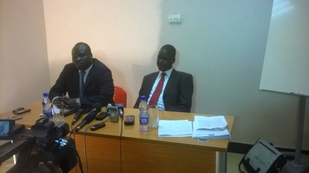 Comrade Oyet Nathaniel Chairperson for National Committee for Mobilization  on Left and Comrade David OTim, the Appointed Representative of the SPLM in Opposition Liaison Office -Uganda on right (Photo by Gai Manyuon/Nyamilepedia)