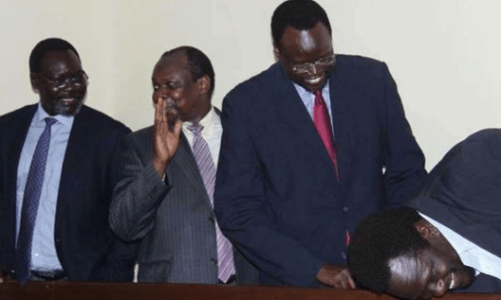 The last four political detainees, Oyai Deng Ajak, Pagan Amum, Majak Agot and Ezekiel Lol Gatkouth booing the kangoro court before their release in April, 2014(Photo: file)