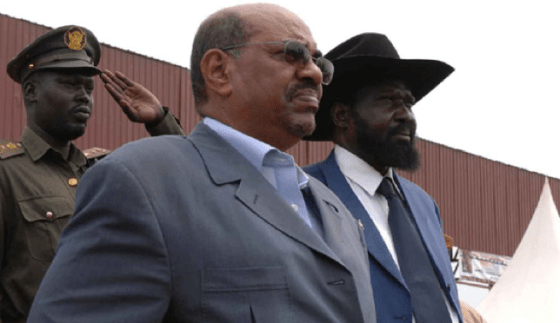 Sudanese and South Sudanese counterpart, Omar Hassan el Bashir and Salva Kiir Mayardit, with one presidential guard saluting with a left hand(Photo: UNMISS/Nyamilepedia)