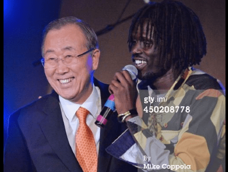 Emmanuel Jal a South Sudanese musician, former child soldier, and political activist, post with UN Secretary General, Ban ki Moon(Photo: via Jal's socials)