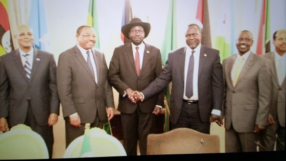 Leaders of South Sudan's warring factions greet at the signing of a roadmap agreement in Ethiopia in May 2014(Photo: file)