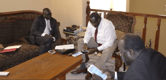 Ambassador Lumumba Stanislaus Di-Aping, Hon. Henry Dilay among other politicians meet with Dr. Riek Machar in Addis Ababa, Ethiopia(Photo: Via Dr. Machar profiles)