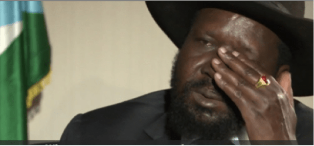 President Salva Kiir wiping his face with no handkerchief during a hard talk on Al Jazeera in Juba, South Sudan(Photo: extracted from youtube)