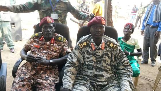 Maj. Gen. Gabriel Duop Lam, the former Minister of Law in Jonglei State and the current military governor of Phou State, sitting next to Maj. Gen. Peter Gatdet Yakah, the former Military Governor of Unity State and the current Deputy Chief of Staff for Operation in Pagak, South Sudan(Photo: Nyamilepedia)