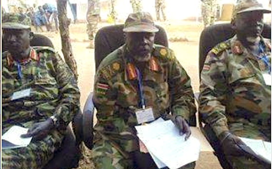 Maj. Gen Gabriel Tanginye, the overall commander of Upper Nile(L), Maj. Gen. Dau Atorjong(C), the overall commander of Northern Bhar el Ghazal and other states, Maj. Gen. Gatwech Dual, the overall commander of Jonglei state post for a picture in during Pagak conference, SPLA-IO ranks and assignments(Photo: Nyamilepedia)