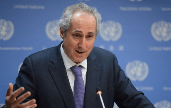 spokesman Stephane Dujarric speaks during the press conference at UN