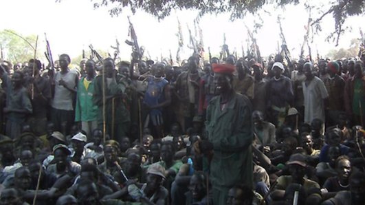 Armed Lou Nuer men in Likwangale listen to South Sudan's Vice-President Riek Machar - 28 December 2011