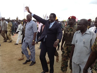 The caretaker governor, Joseph Nguen Monytuel with his state official in Unity state during one of his visit after his appointment. Nguen spends most of his time in Juba, South Sudan due to insecurity in his state (Photo: file/Nyamilepedia)