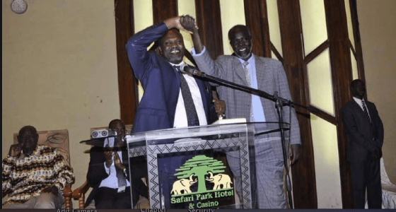 Maj. Gen. Khamis Abdel Latif Chawuol Lom and greets Dr. Riek Machar during his latest defection to SPLA at Safari Park Hotel, Nairobi, Kenya (Photo: supplied)