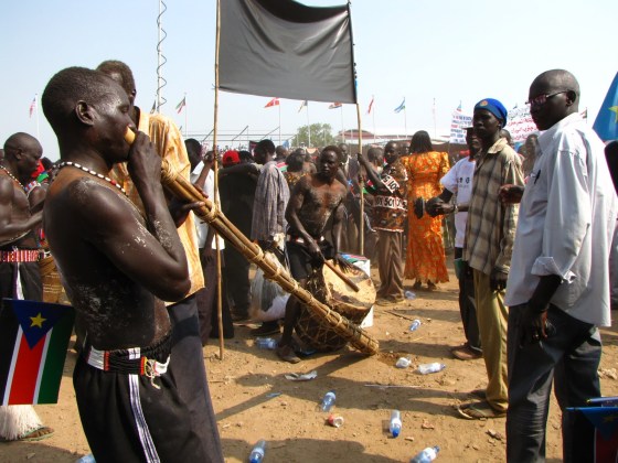 The Mundari Ethnic group celebrating the independent of a new country, South Sudan, with their instruments in 2011(Photo: South Sudan 2011)