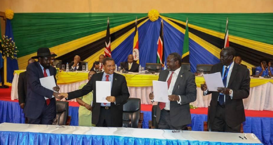 The SPLM leaders signing the Intra-Party Agreement to reunite the SPLM in Arusha, Tanzania(Photo: SPLM/Nyamilepedia)