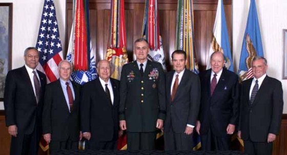 Former chairmen of the Joint Chiefs of Staff flank Army Gen. Henry H. Shelton (center) during a special conference in the Pentagon. From the left are retired Army Gen. Colin L. Powell, retired Army Gen. John W. Vessey, retired Navy Adm. Thomas H. Moorer, Shelton, retired Air Force Gen. David C. Jones, retired Navy Adm. William J. Crowe Jr. and retired Army Gen. John M. Shalikashvili.