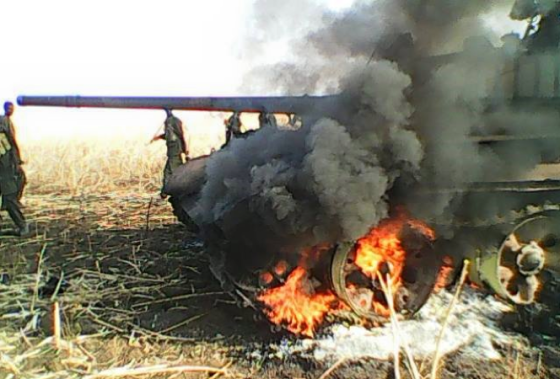 A military tank destroyed last week in South Sudan's Norther Upper Niile by the SPLA-IO forces(Photo: Meat/Nyamilepedia)