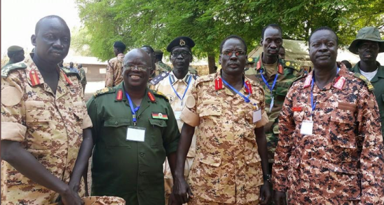 Major. Gen. Peter Gatdet with Maj.gen. Matrin Kenyi, Maj. Gen. Koang Chuol Ranley and Brig. Gen. Thoi Chany during Pagak leadership conference(Photo: Nyamilepedia)