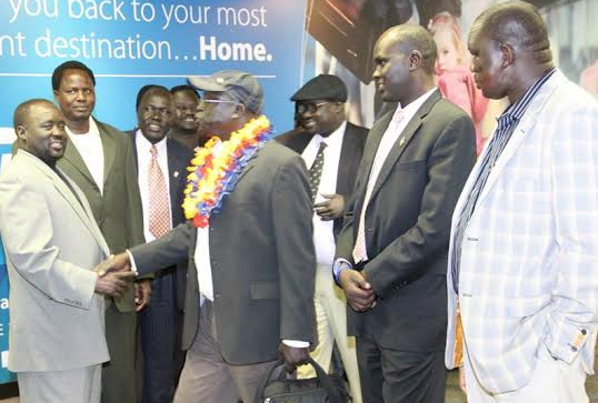 Hon. Hussein Maar Nyuot and Daniel Wuor Joak welcomed by Cde Miyong G. Kuon, SPLM Representative to the United Nations, Mr. Bol Gatkuoth, SPLM Representative to Rwanda, Mr. Makuel Wei, Chairman of the SPLM Chapter in Nebraska, Mr. Malakal Goak, Deputy Chairman of SSRRA-USA in Omaha, Nebraska, USA (Photo: supplied)