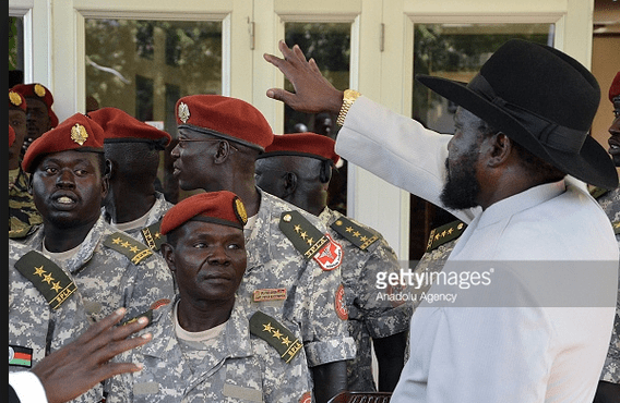  South Sudan's troubled President Salva Kiir Mayardit (C) directly addressing his Presidential Guard during a meeting at the Presidential Palace in Juba, South Sudan on December 28, 2014. (Photo credits:  Samir Bol/Anadolu Agency/Getty Images)