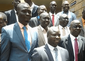 Dr. Oyet Nathaniel Pierino posts with SPLM/SPLA delegation receiving newly defected Brig. Gen. Gabriel Gatwech Puoch Mar (wearing red tie) in Nairobi, Kenya(Photo: Nyamilepedia)