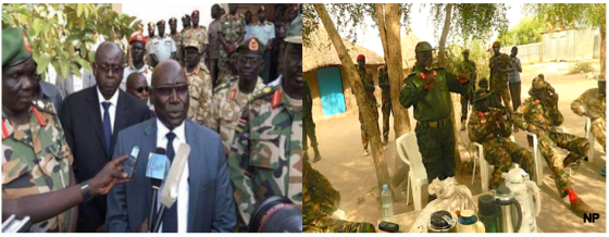 The Chiefs of Staff of SPLA-Juba(L) and SPLA-IO(R), Gen. Paul Malong Awan addressing his group and Gen. Simon Gatwech Dual briefing his group(Photo: Nyamilepedia)