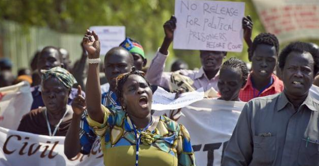 A government allied civil society demonstrating against the release of political detainees who were eventually released by April 2014. However, the Chairman of the government-backed civil society, Deng Athuai, shown leading in the photography narrowly escaped assassinate a few months later in Juba, South Sudan(Photo: file)