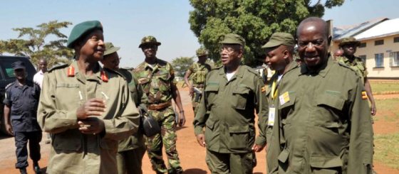 President Yoweri Museveni and his wife Mrs. Janet Museveni share ajoke with the Vice President Hon.. Sekandi (right) the Rt.Hon. Prime Minister Amama Mbabazi (centre) as the chairperson NRM caucus Bahati looks on at the opening of the NRM caucus retreat at the National Leadership Institute Kyankwanzi.12-01-1213.