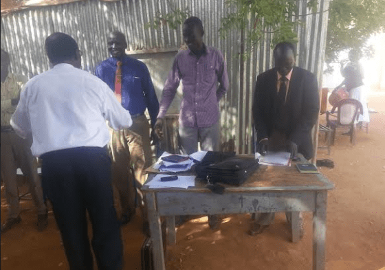 Professor John Tong Puk (white shirt) john Chuol Yoy the secretary for finance and  Uror county chairperson Stephen lual lam in Khartoum(Photo: supplied)