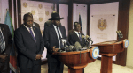 South Sudan leaders, President Salva Kiir, First Vice President, Riek Machar, and James Wani Igga at a press briefing at J1 this evening(Photo: Nyamilepedia)