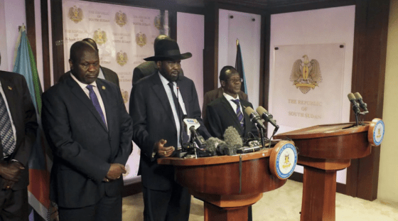 South Sudan leaders, President Salva Kiir, First Vice President, Riek Machar, and James Wani Igga at a press briefing at J1 this evening(Photo: Nyamilepedia)