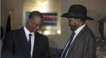Gen. Taban Deng Gai being showered by President Salva Kiir after conspiring against Dr. Riek Machar Teny, the First Vice President(Photo: file)
