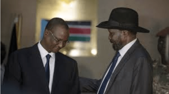 Gen. Taban Deng Gai being showered by President Salva Kiir after conspiring against Dr. Riek Machar Teny, the First Vice President(Photo: file)