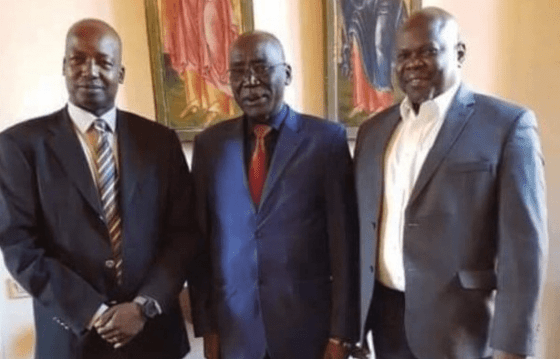 SSOMA officials, Gen. Thomas Cirilo, Gen. Paul Malong Awan and Cde. Pagan Amum Okiech posting for a picture before their current crises began(Photo credit: supplied/Nyamilepedia)